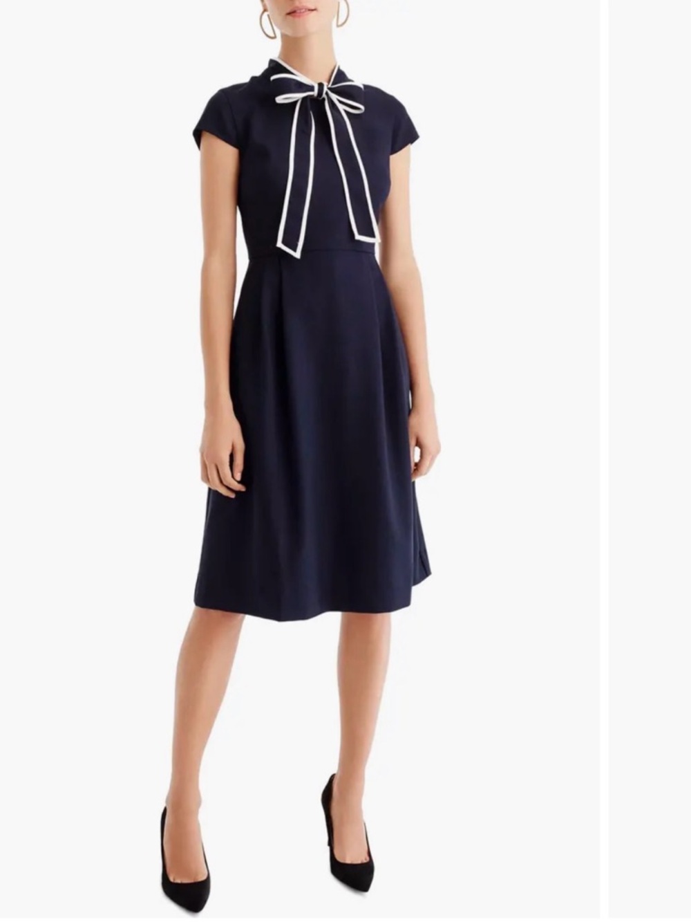 J. Crew Navy Blue Tie Neck Midi Fit and Flare Dress - Picture 2 of 7